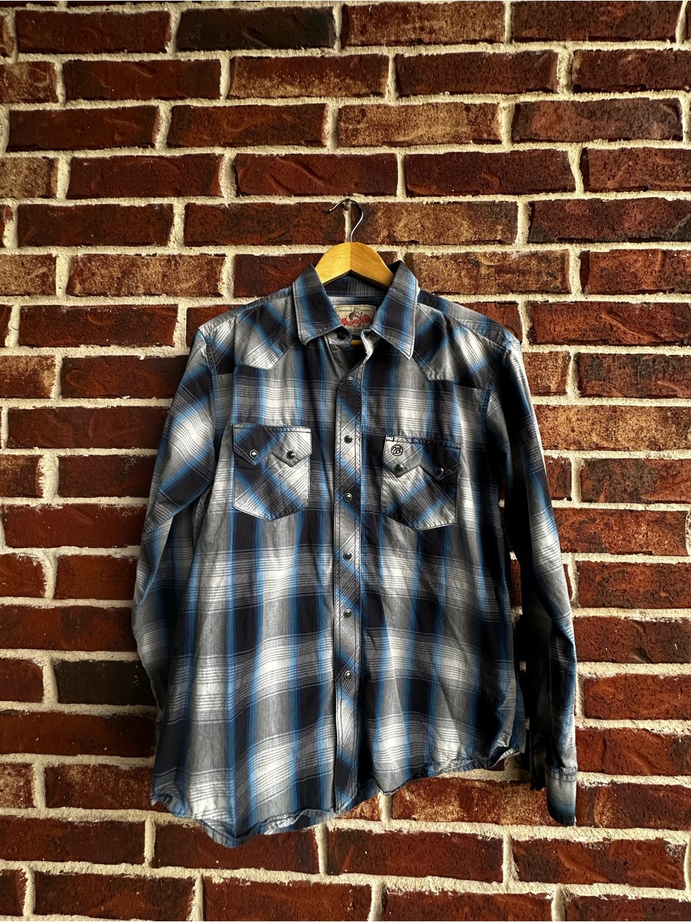 Wrangler Blue and Gray Plaid Western Button-Down Shirt